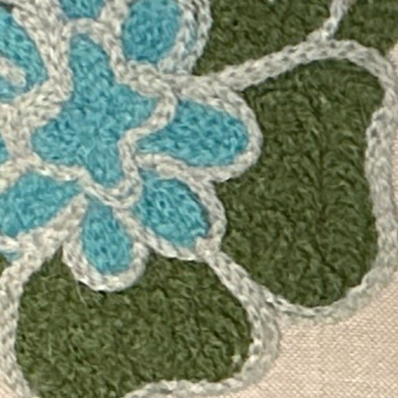 NEW Pier One Lumbar Embroidered floral blue and Green Pillow w/ tan background - Picture 5 of 11